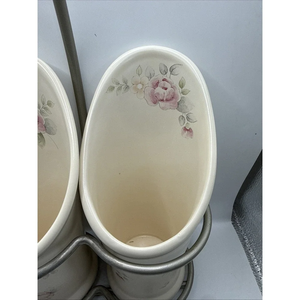 Pfaltzgraff TEA ROSE Flatware Caddy Silverware Utensil Holder With Stand.